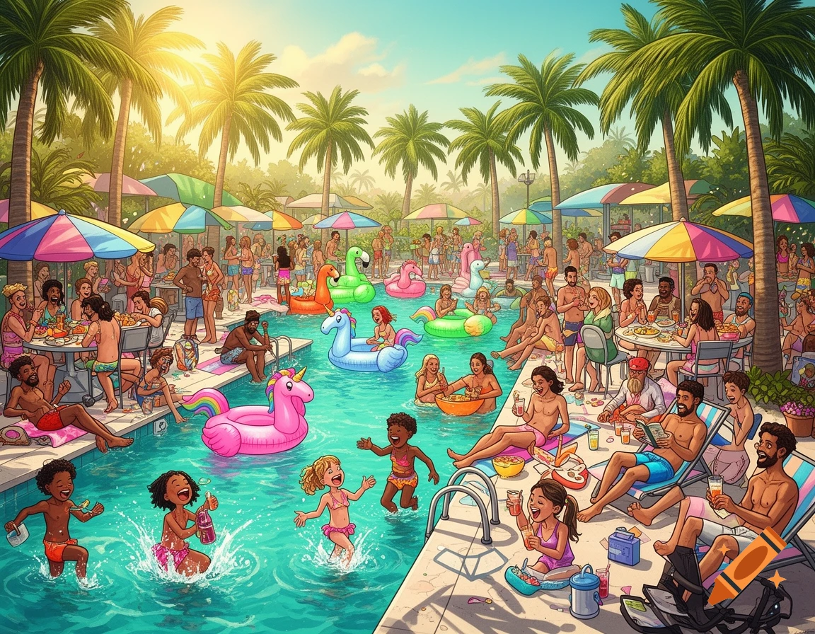 A vibrant wimmelbook style illustration of a crowded pool party under palm trees with many people swimming, relaxing, and eating.