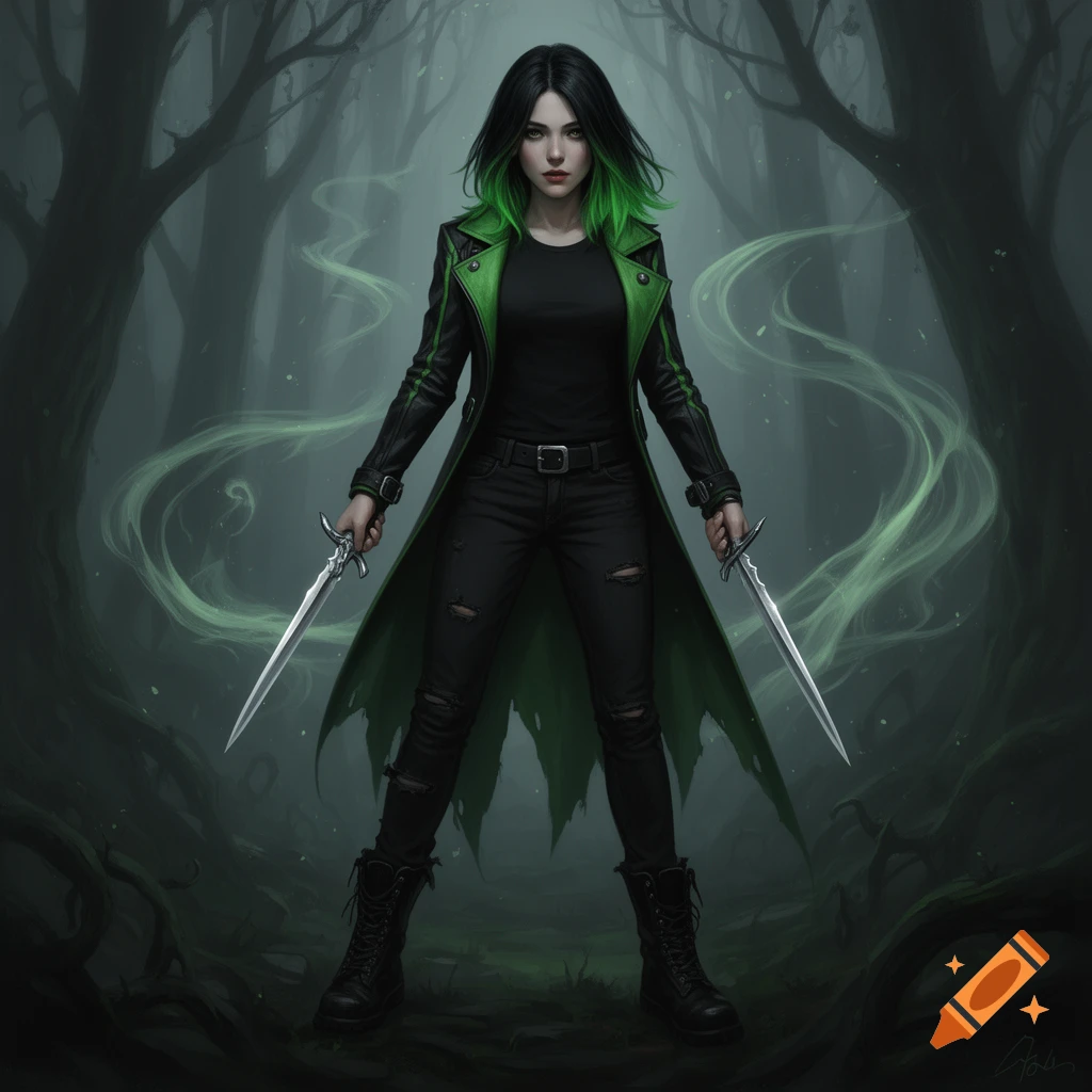 A powerful female character with black hair and green tips stands in a dark, misty forest, holding a dagger in each hand.
