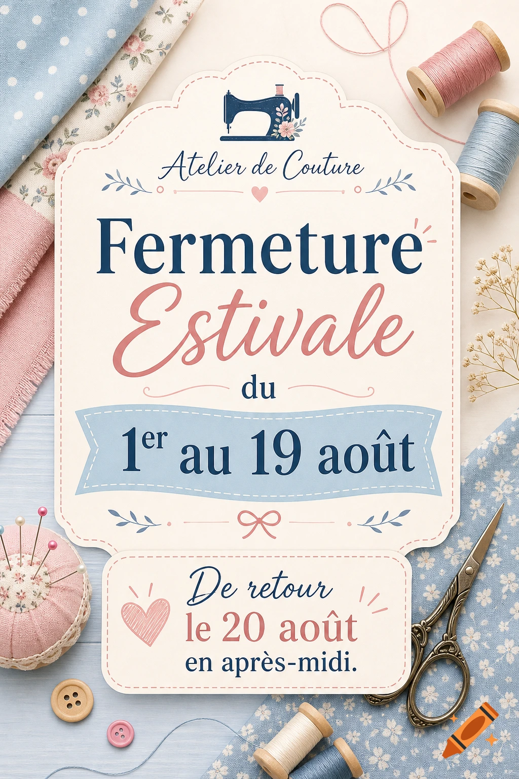 A charming flyer announcing a summer closure for a sewing workshop, featuring thread spools, fabrics, and sewing tools.