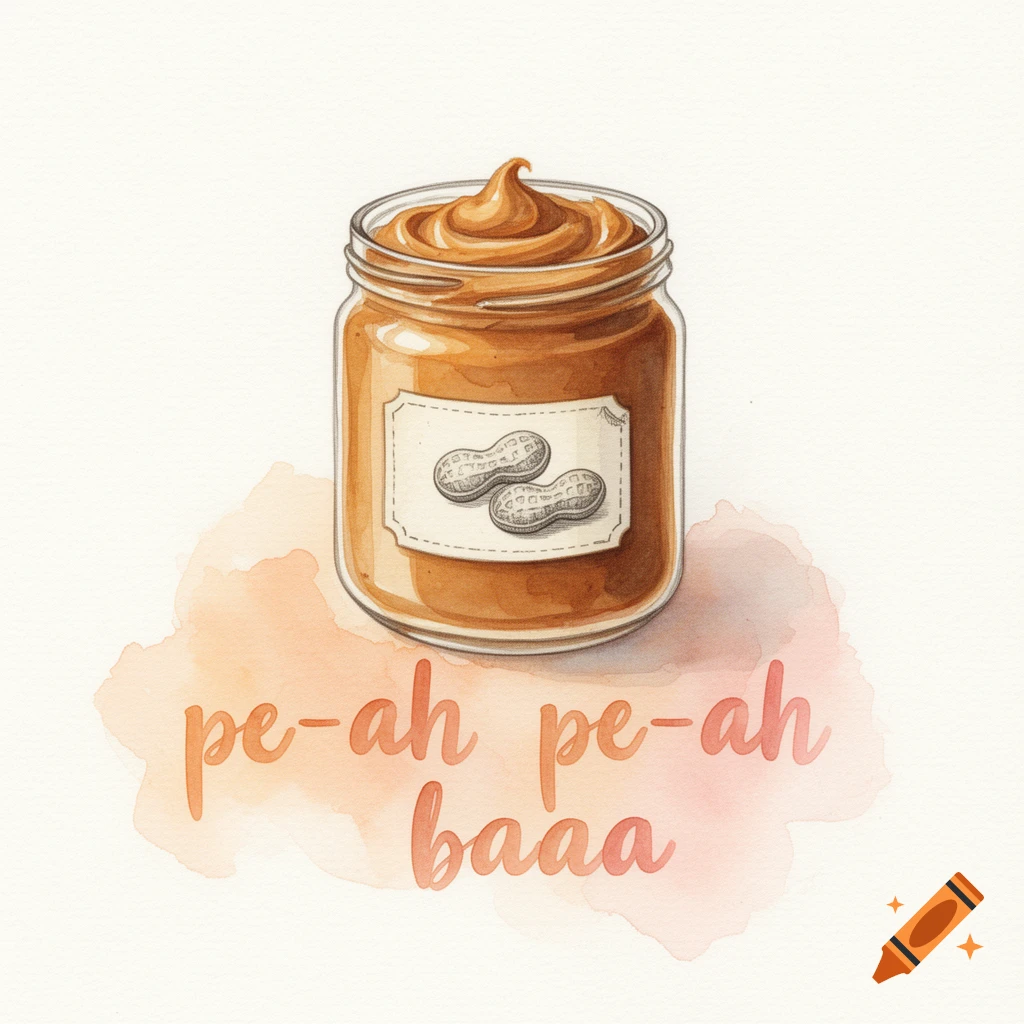 Watercolor illustration of a peanut butter jar with a label showing two peanuts and the text 'pe-ah pe-ah baaa' underneath.
