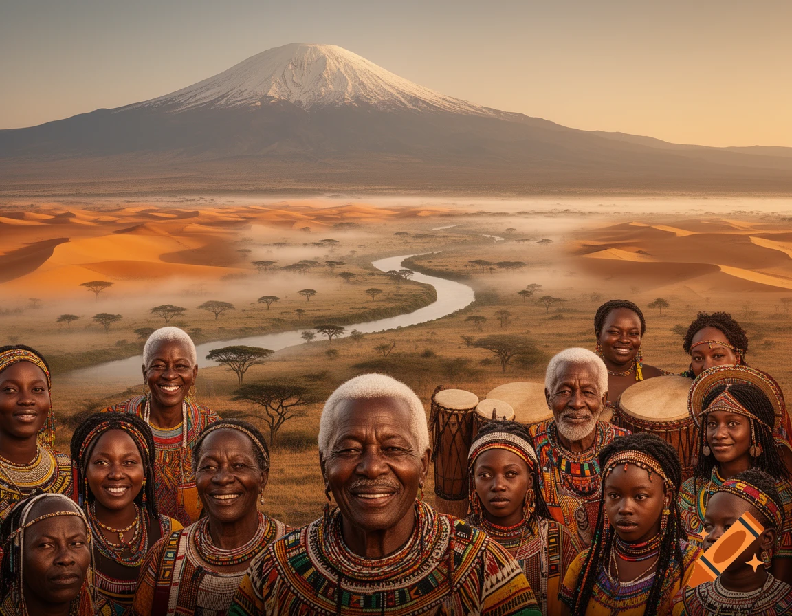 Smiling African people in colorful traditional attire with drums, against a vast landscape with a snow-capped mountain, dunes, and a river.