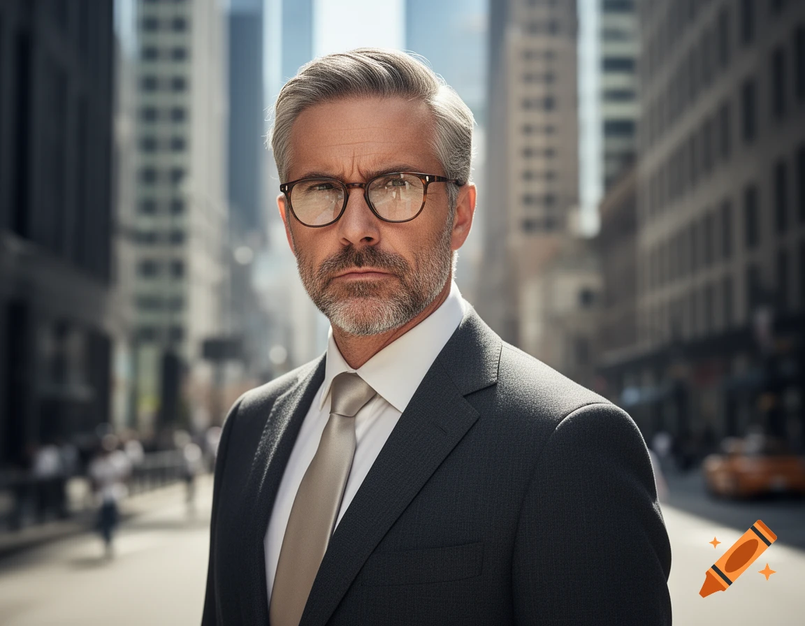 A photorealistic portrait of a serious middle-aged man with gray hair, a beard, and glasses, wearing a suit and tie, standing on a city street.