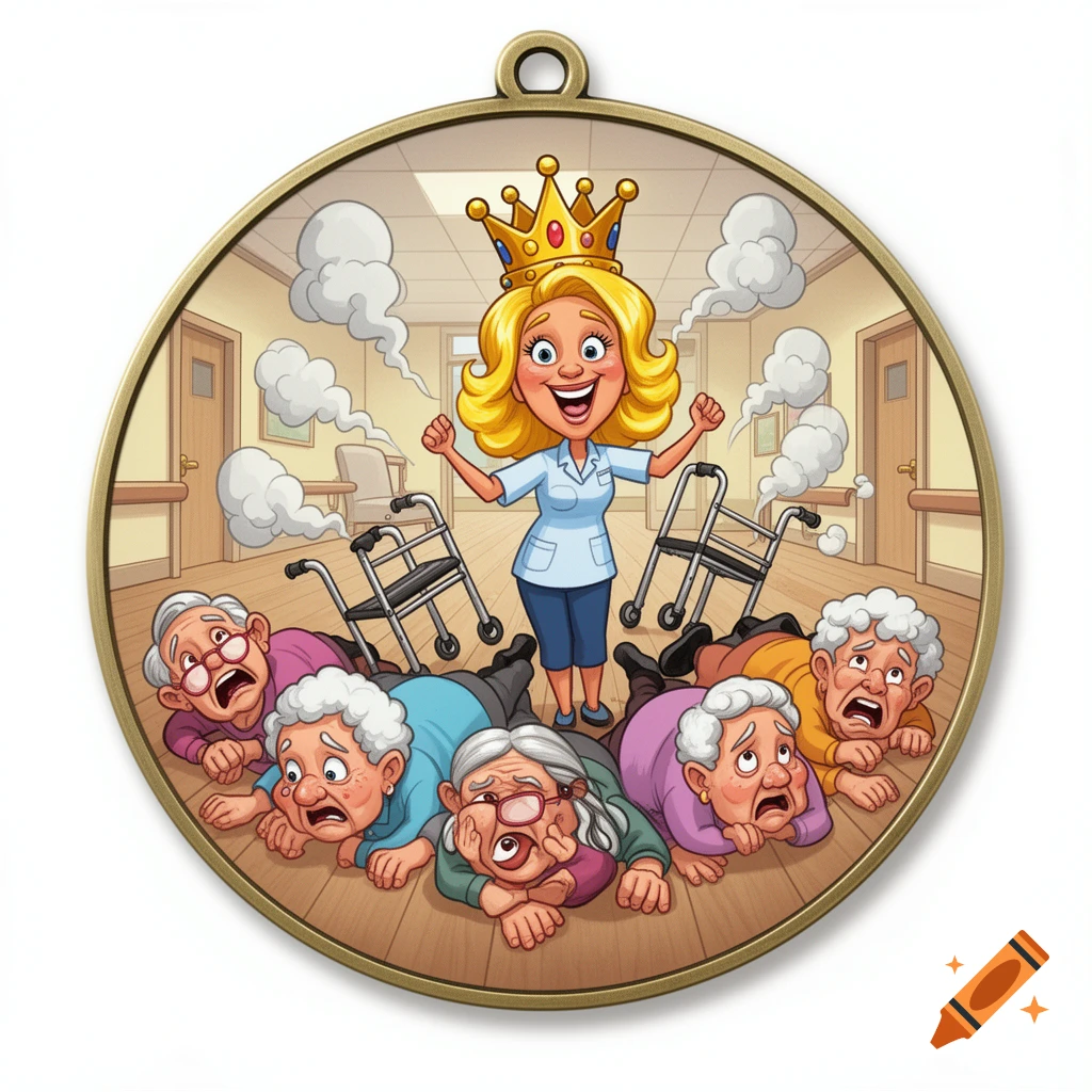 Cartoon medal depicts a triumphant nurse with a crown standing over distressed elderly people fallen in a nursing home corridor.