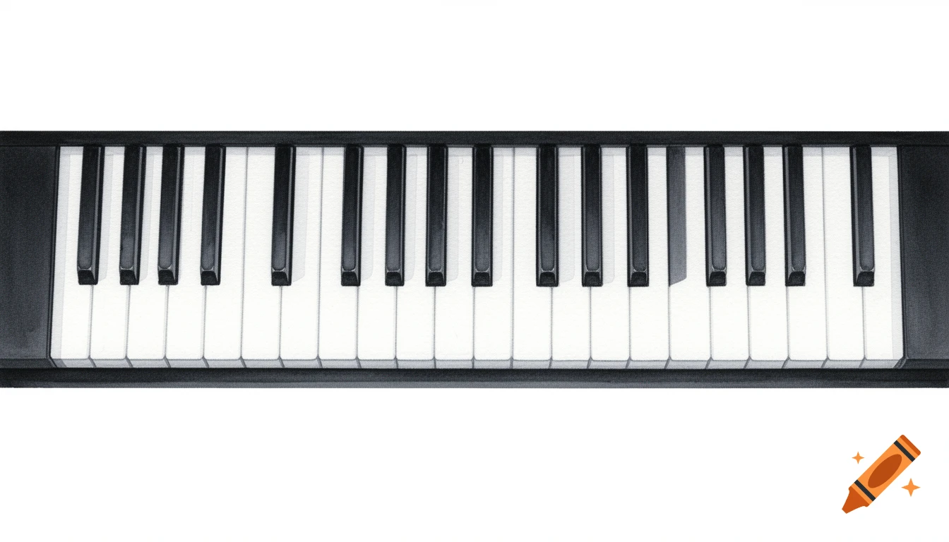 A top-down watercolor painting of a piano keyboard with white and black keys on a white background.
