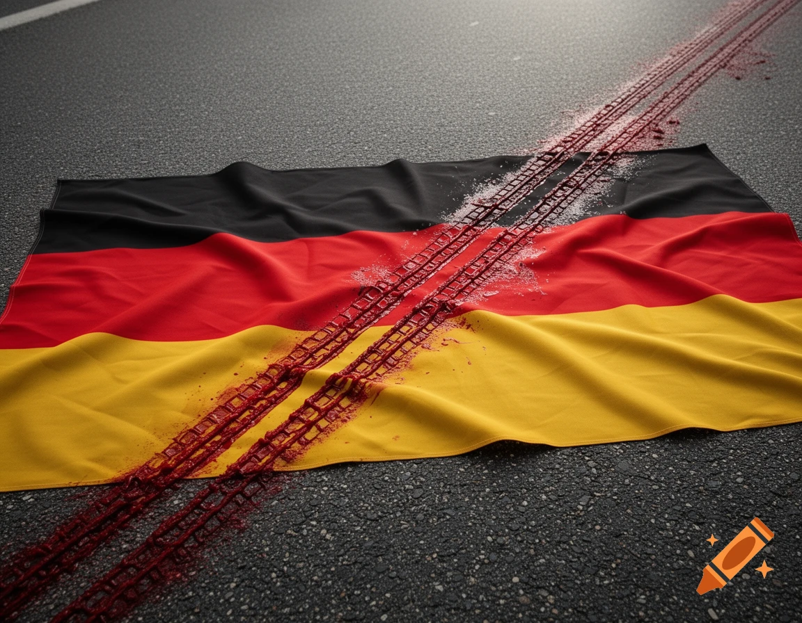 A German flag lies on asphalt, stained with two bloody tire tracks running diagonally across it.