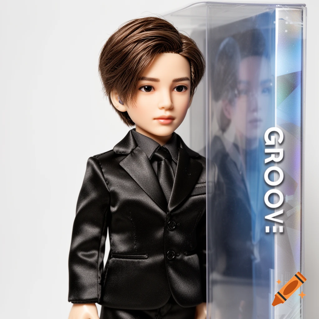 Photorealistic doll with brown hair in a black suit, beside its clear packaging labeled 'GROOVE'.