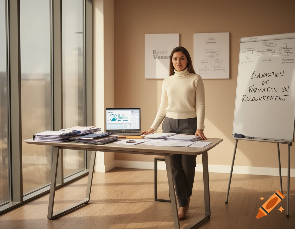 A professional woman in a cream sweater stands at a desk with papers and a laptop, next to a whiteboard displaying "ÉLABORATION ET FORMATION EN RECOUVREMENT" in a modern office setting.