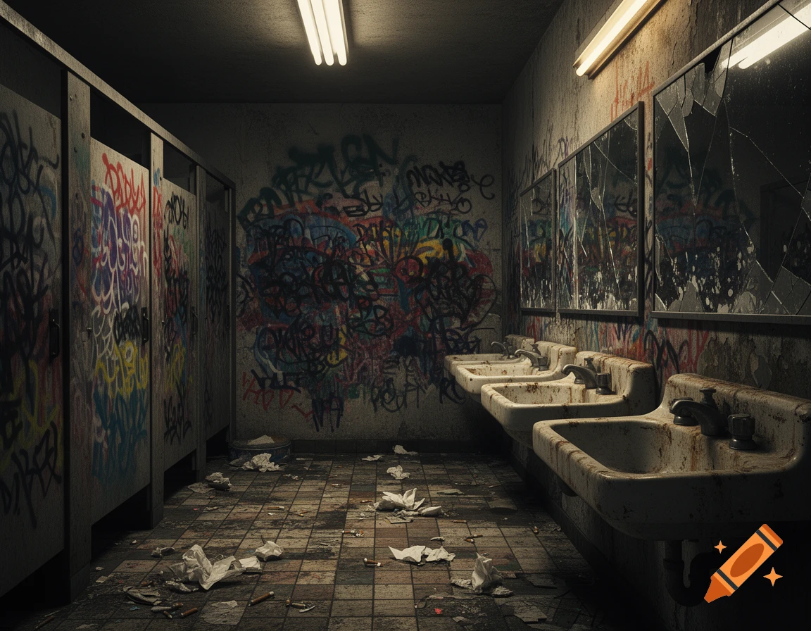 A dimly lit, grungy public bathroom with graffiti-covered walls, a row of rusty sinks, and trash on the tiled floor.