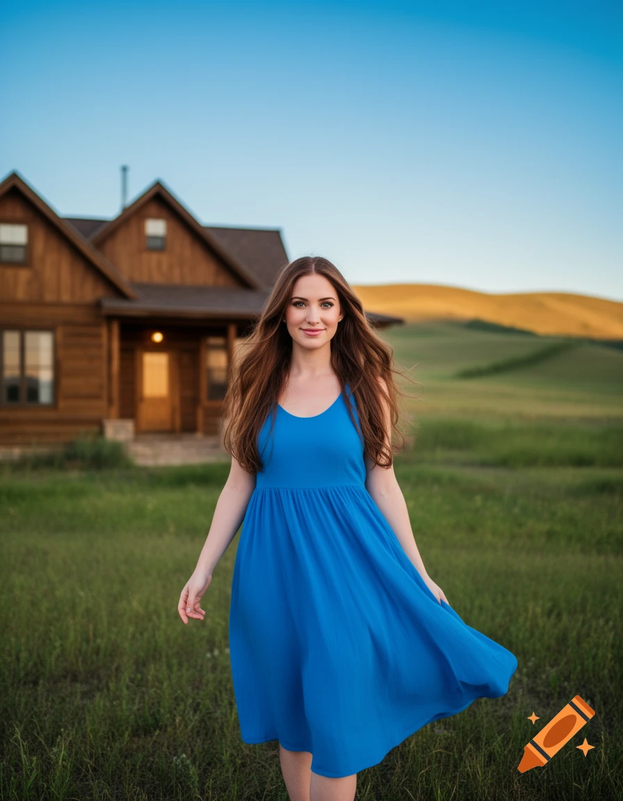 A smiling young woman in a blue dress stands in a grassy field with a rustic house and hills in the background under a clear sky.
