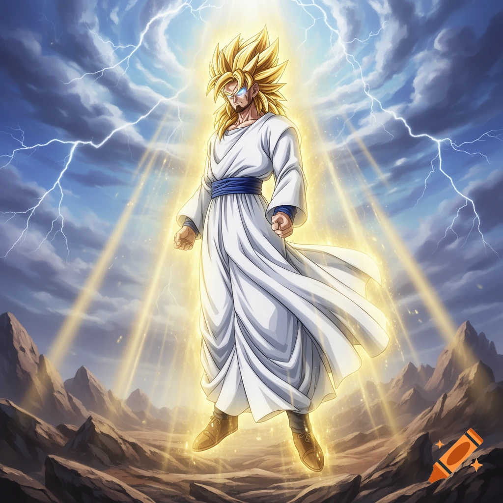Anime character resembling Jesus with golden Super Saiyan hair and aura, standing on a rocky terrain with lightning in the sky.