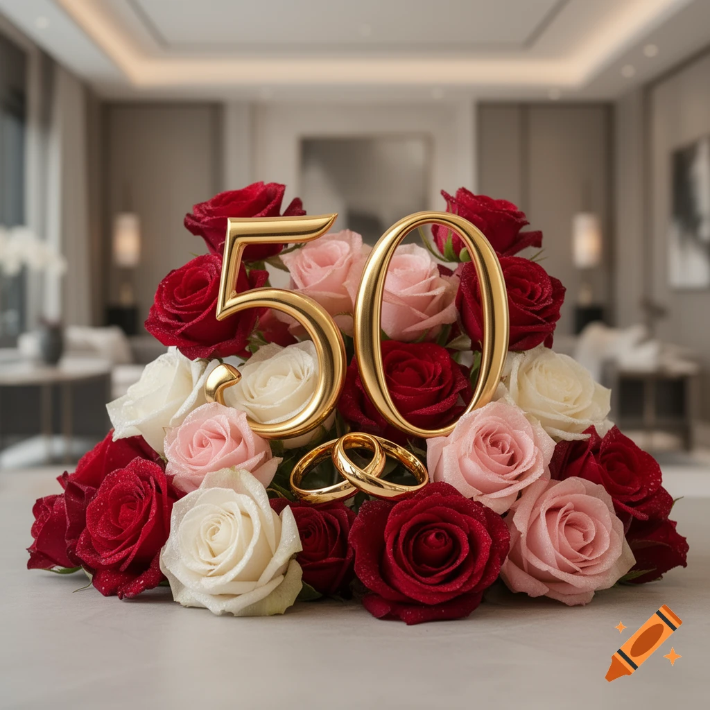 Golden number 50 with two wedding rings, surrounded by red, pink, and white roses, against a blurred elegant background.