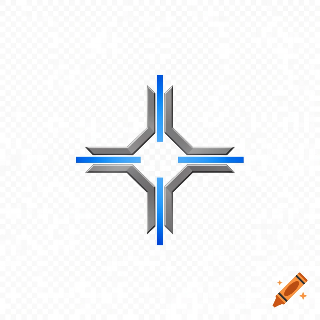 A minimalistic crosshair graphic with metallic grey arms and blue glowing lines on a transparent background.
