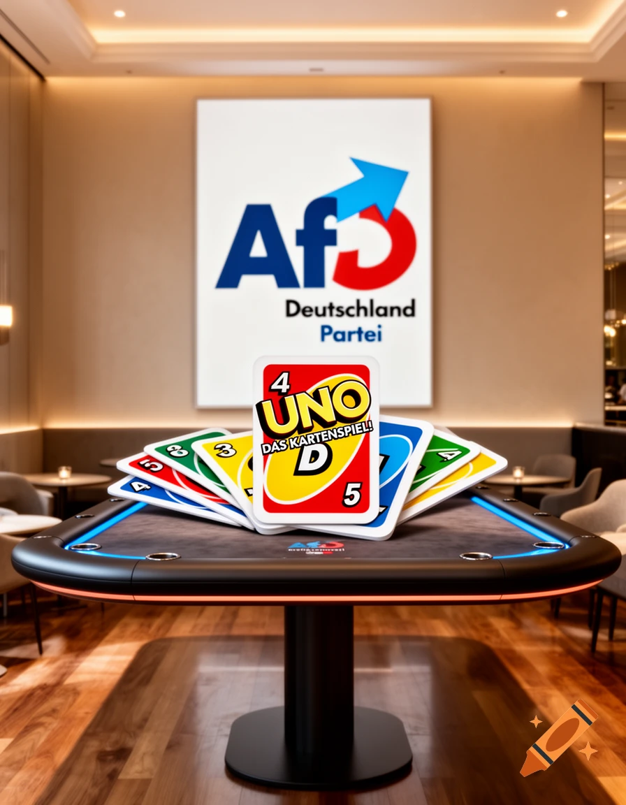 Photorealistic image of a stack of Uno cards on a modern poker table, with an AfD Deutschland Partei banner in the background.