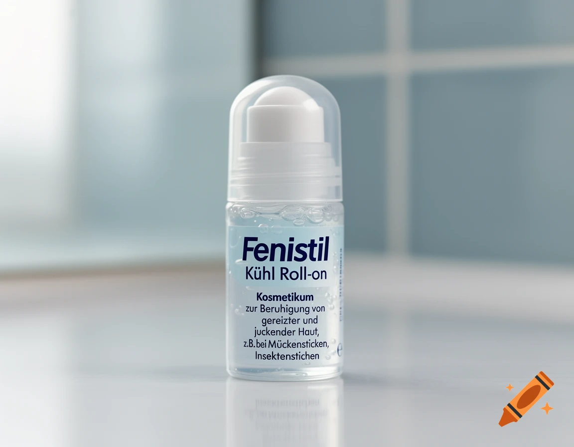A white Fenistil Kuhl Roll-on bottle stands on a reflective surface in a bathroom setting, photorealistic style.