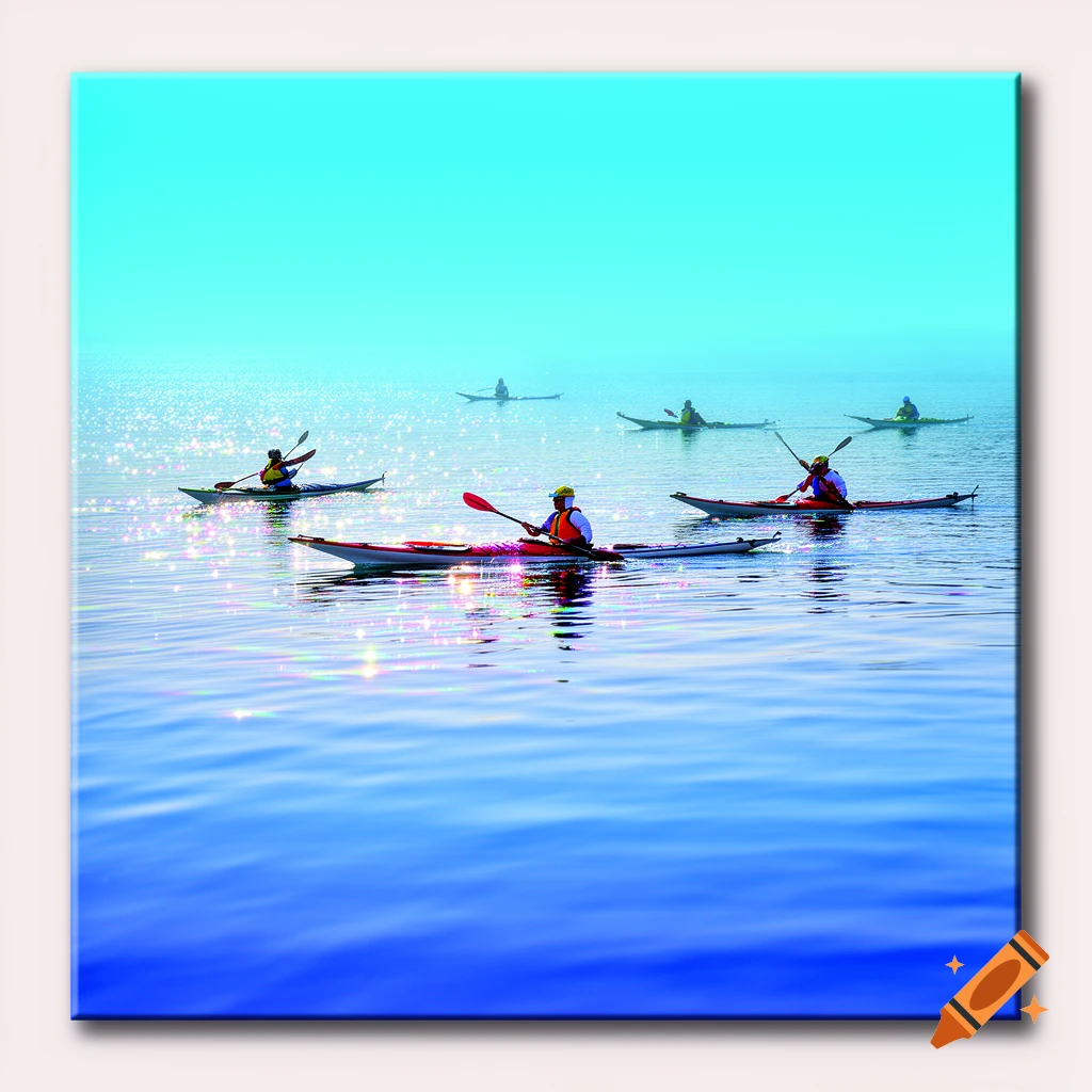 Multiple kayakers paddle across serene blue water under a gradient sky, with sparkling sunlight reflections.