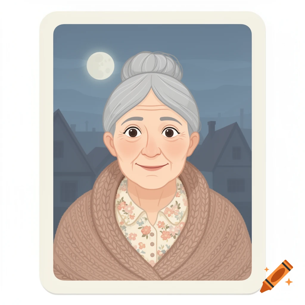 Flat illustration of a smiling grandma with a grey bun, floral shirt, and knitted shawl, against a night village scene with a moon.