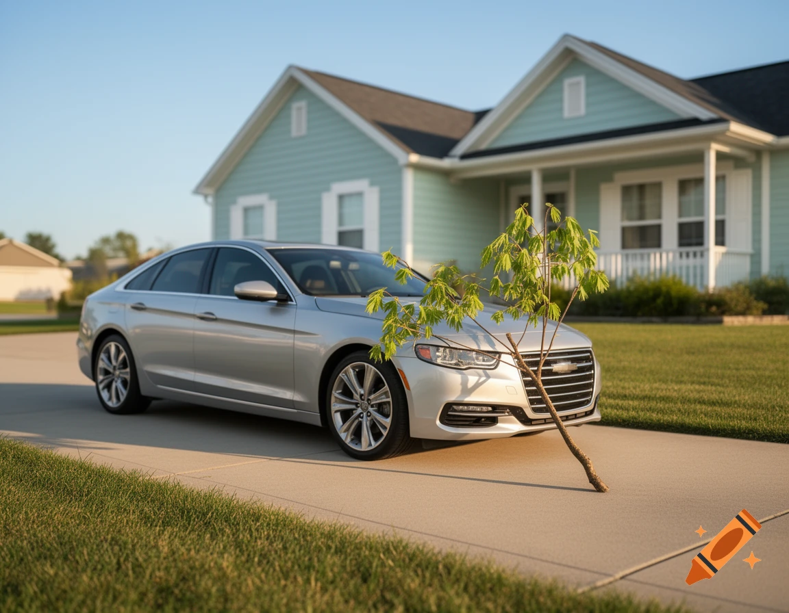 A silver sedan is parked on a paved driveway in front of a light blue house, with a comically tiny tree branch blocking its front bumper.