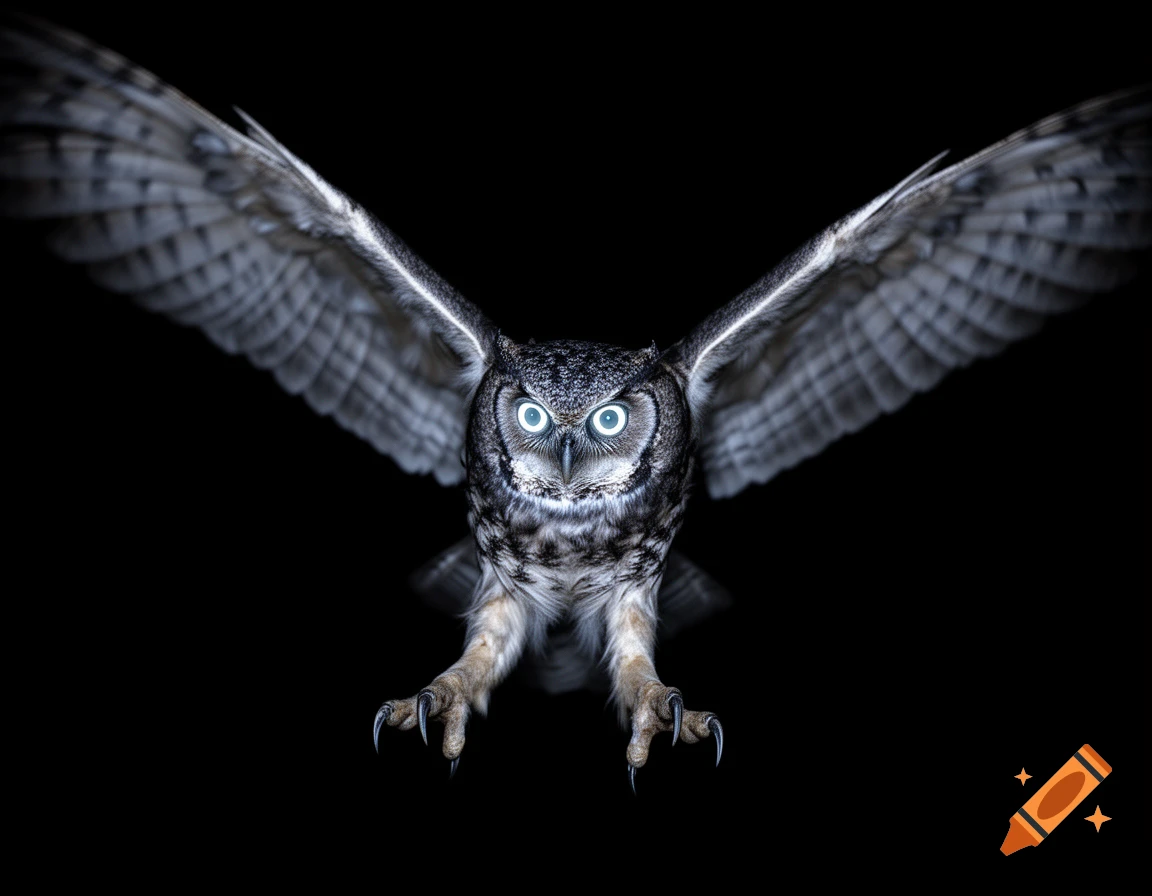 A photorealistic great horned owl flies directly forward, wings spread, with glowing blue eyes and sharp talons extended.