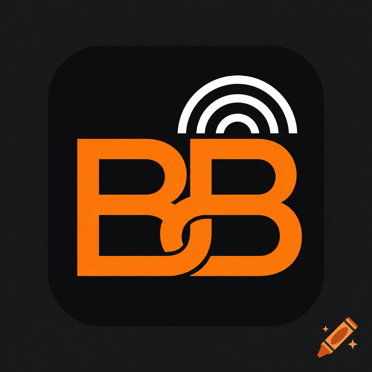 Orange intertwined 'BB' monogram logo with a white radio wave symbol on a dark gray rounded square app icon.