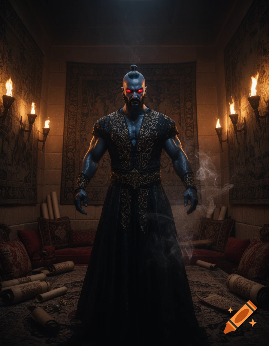 A dark-skinned genie with glowing red eyes, a top knot, and an ornate dark robe stands in a dimly lit ancient room with torches, tapestries, and scrolls.