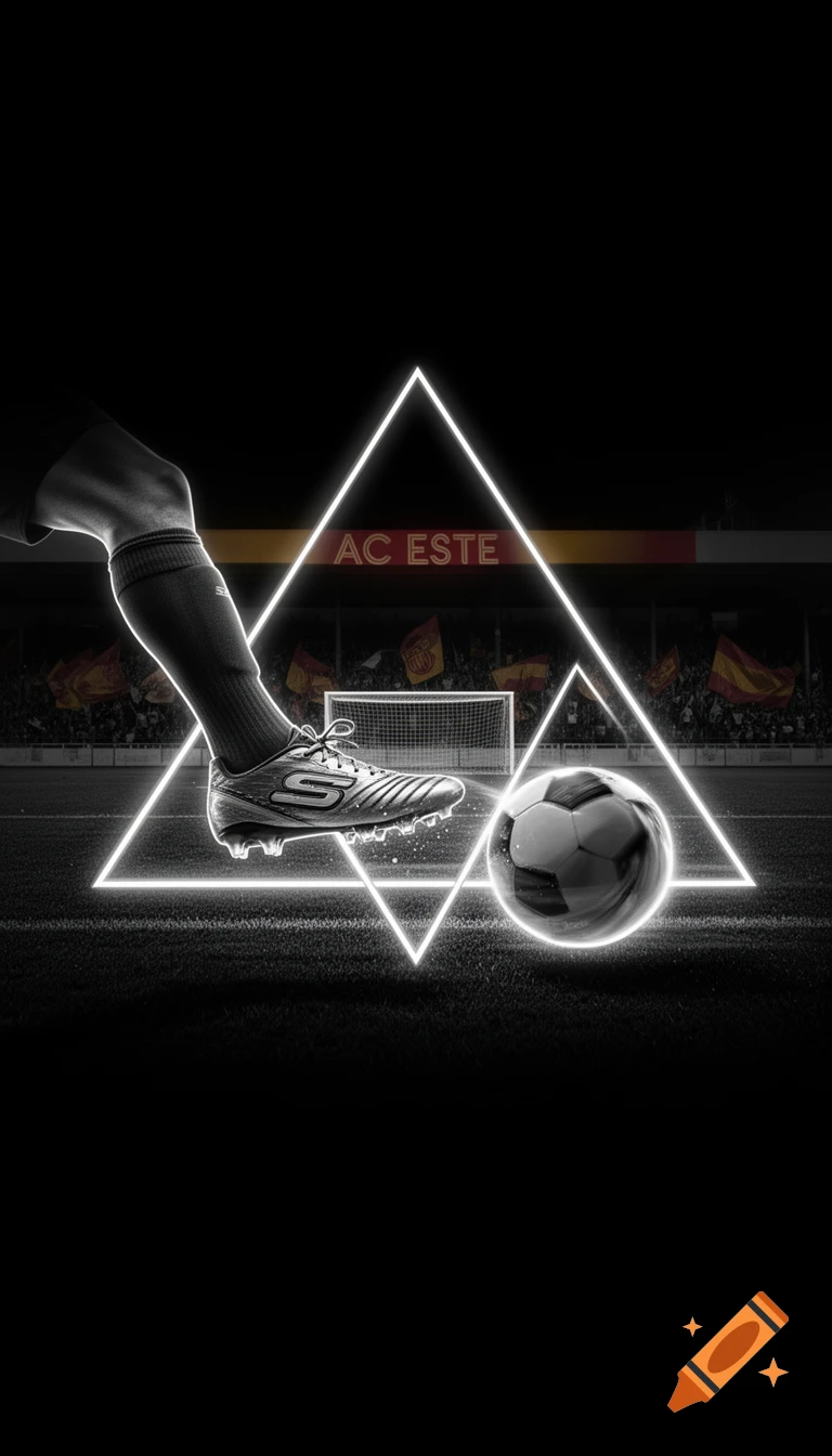 A high-contrast black and white image of a soccer player kicking a ball in a stadium, outlined with glowing white neon triangles.