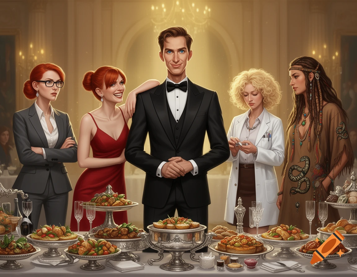Five distinct people, a man in a tuxedo and four women in varied attire, stand around an elegant buffet table in a grand hall, in a digital painting style.