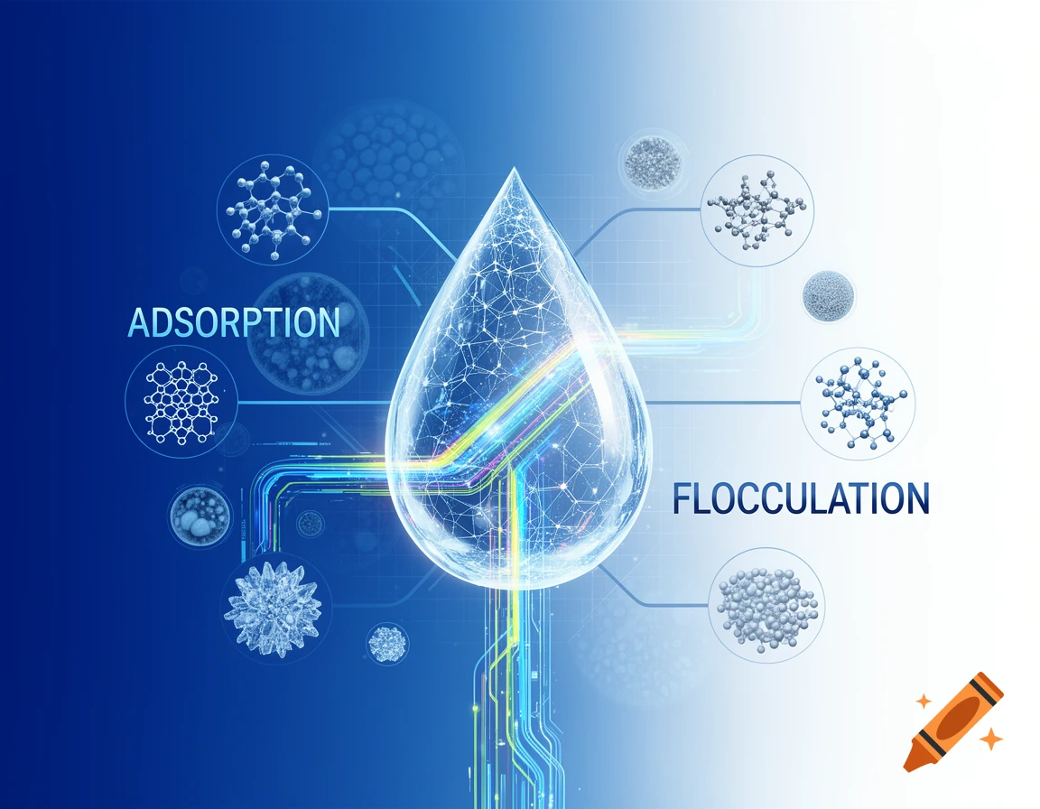 A scientific diagram featuring a large water droplet at the center, surrounded by various molecular structures and diagrams with glowing lines. The words ADSORPTION and FLOCCULATION are prominently displayed.