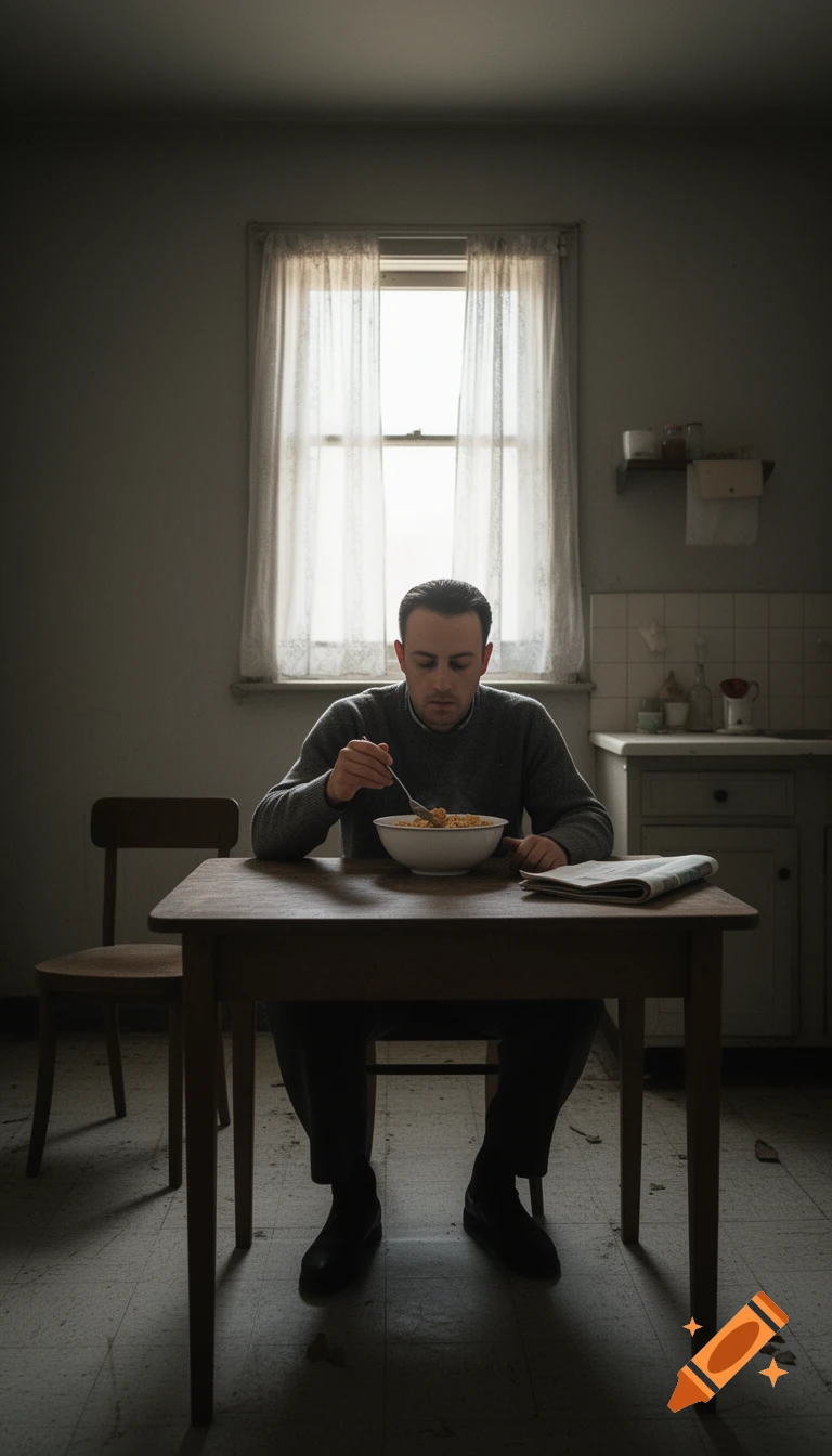A man with a neutral expression eats cereal from a white bowl at a wooden table, with a window and sheer curtains behind him.
