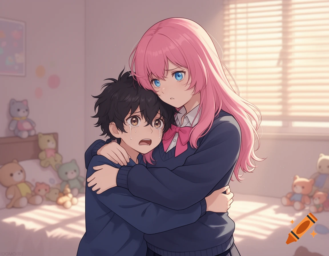 An anime illustration of a pink-haired girl comforting a crying black-haired boy in a sunlit bedroom filled with stuffed animals.