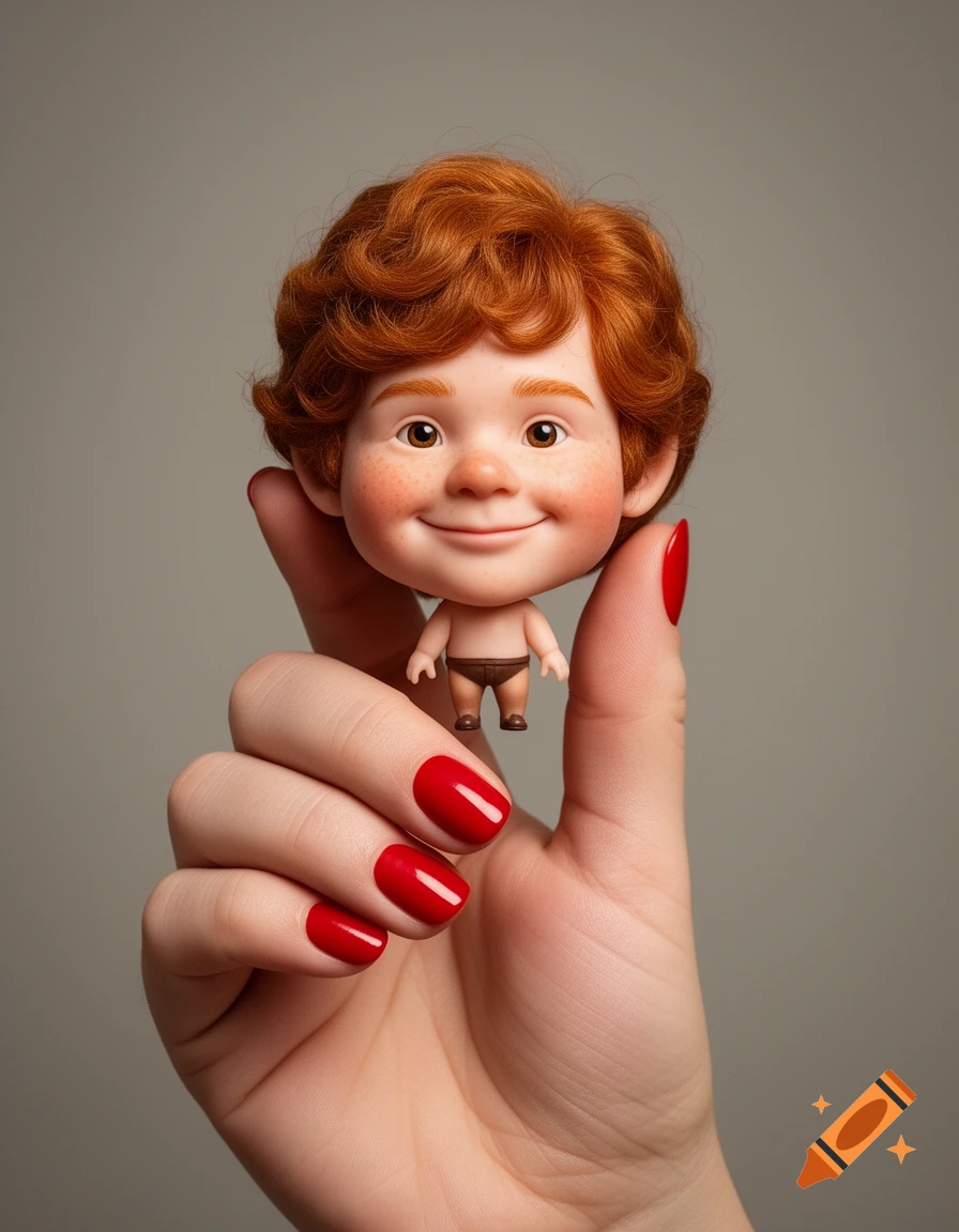 Woman's hand with red nails holds a tiny smiling ginger cartoon boy doll in brown underwear.