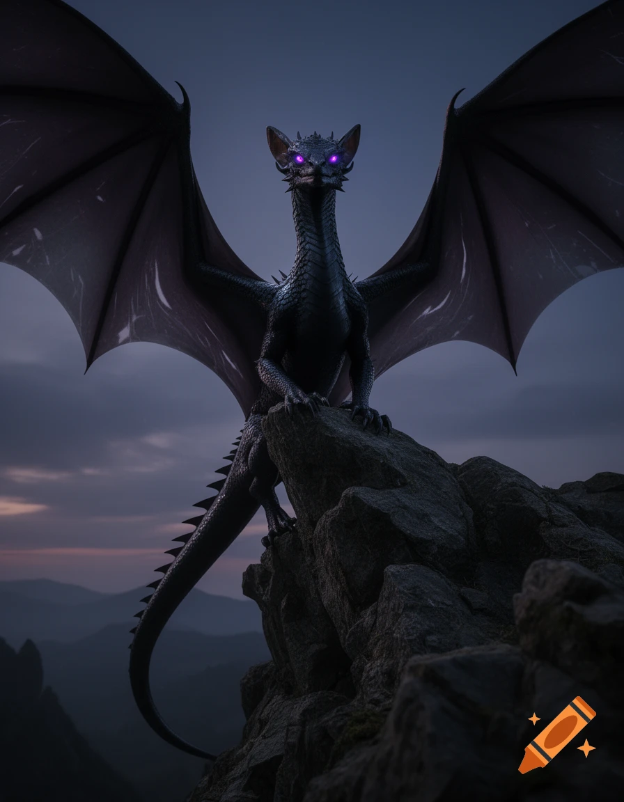 A black wyvern with glowing purple eyes perches atop a rocky mountain peak against a dramatic twilight sky.