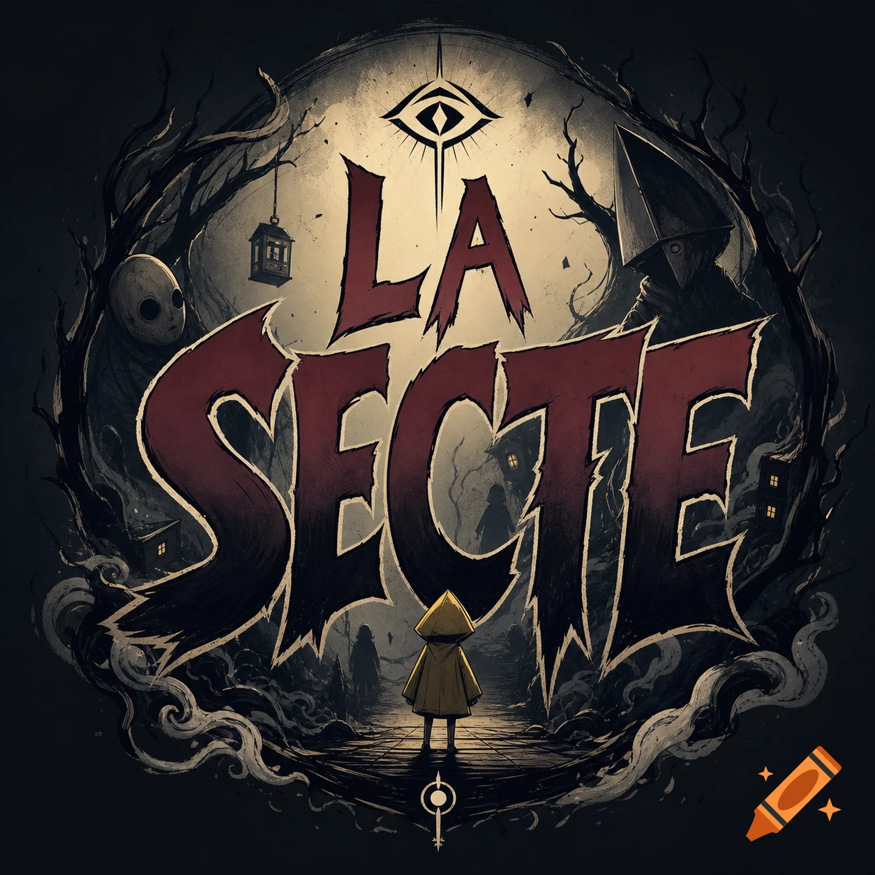 Dark, stylized logo with "LA SECTE" text, a small figure in a yellow raincoat, eerie creatures, and a watchful eye symbol.