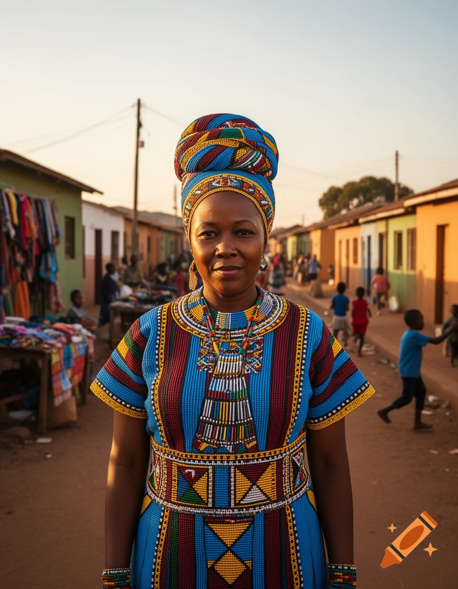 A smiling South African woman in vibrant, beaded traditional clothing and headwrap stands on a village street with market stalls.