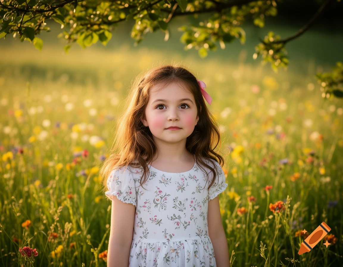 A young girl with long brown hair and a pink bow stands in a sunny field of colorful wildflowers under a tree.