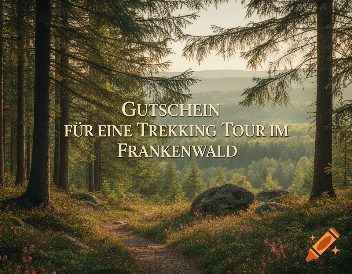 A scenic forest path winding through tall trees and wildflowers, with the German text 'Gutschein für eine Trekking Tour im Frankenwald' overlaid.