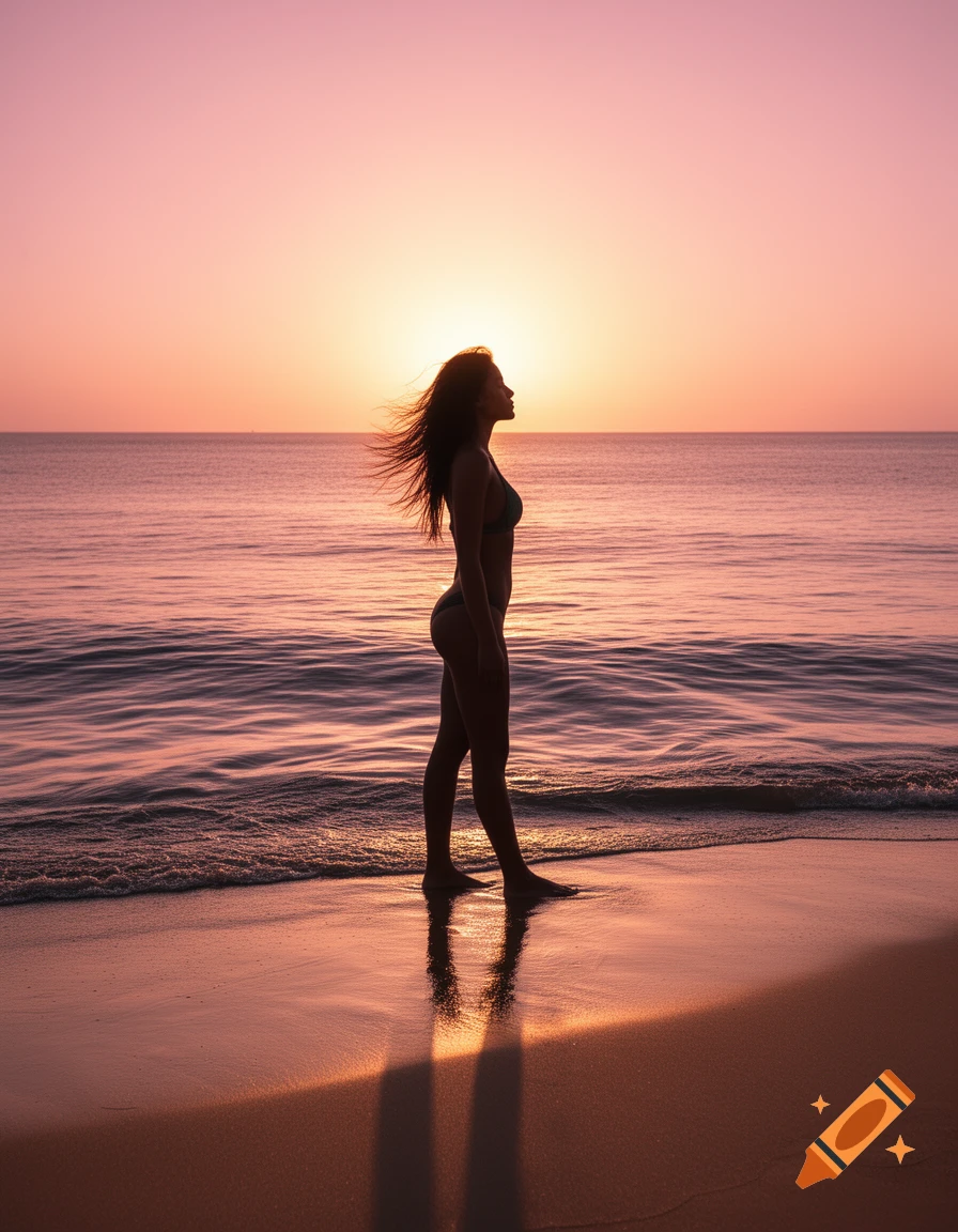 A woman in a bikini stands on a beach at sunset, silhouetted against the glowing sky and ocean.