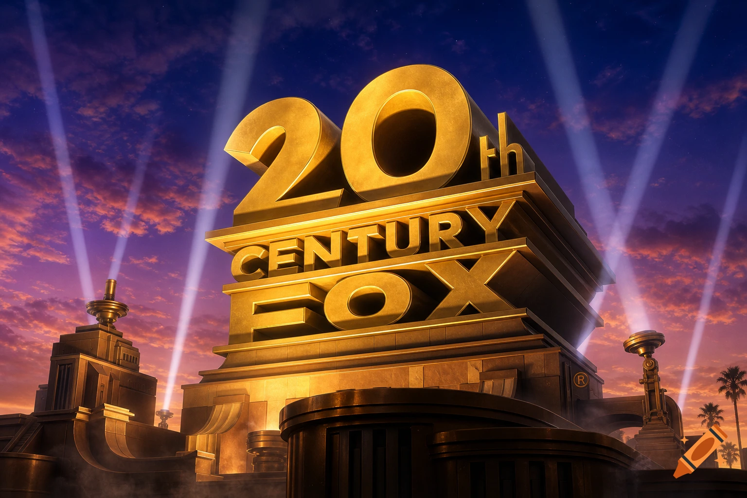 Photorealistic 3D rendering of the 20th Century Fox logo with searchlights against a dramatic sunset sky.
