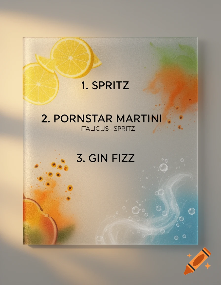 A stylized drink menu on a frosted glass board features lemons, abstract color splashes, and a list of cocktails: Spritz, Pornstar Martini, and Gin Fizz.