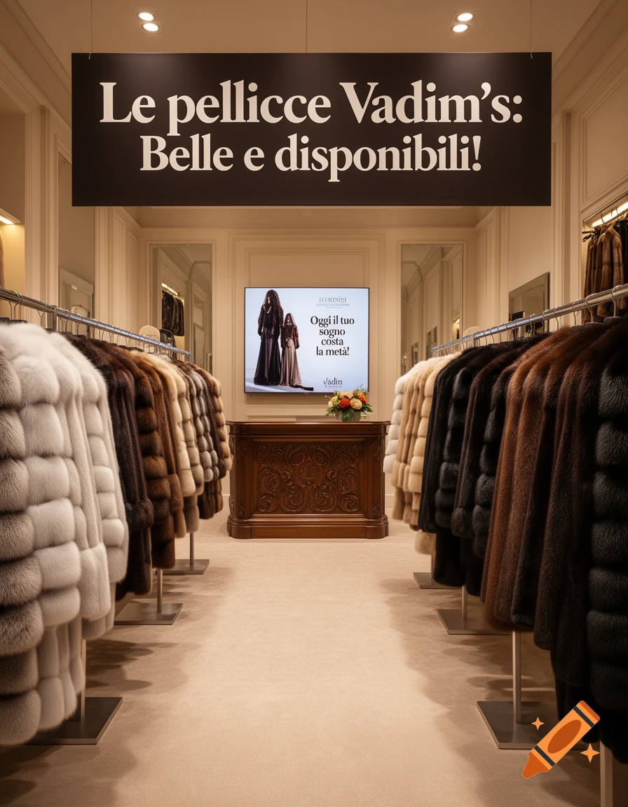 Photorealistic image of a luxury fur store interior with racks of fur coats, a carved wooden counter, and signs overhead and on a screen.
