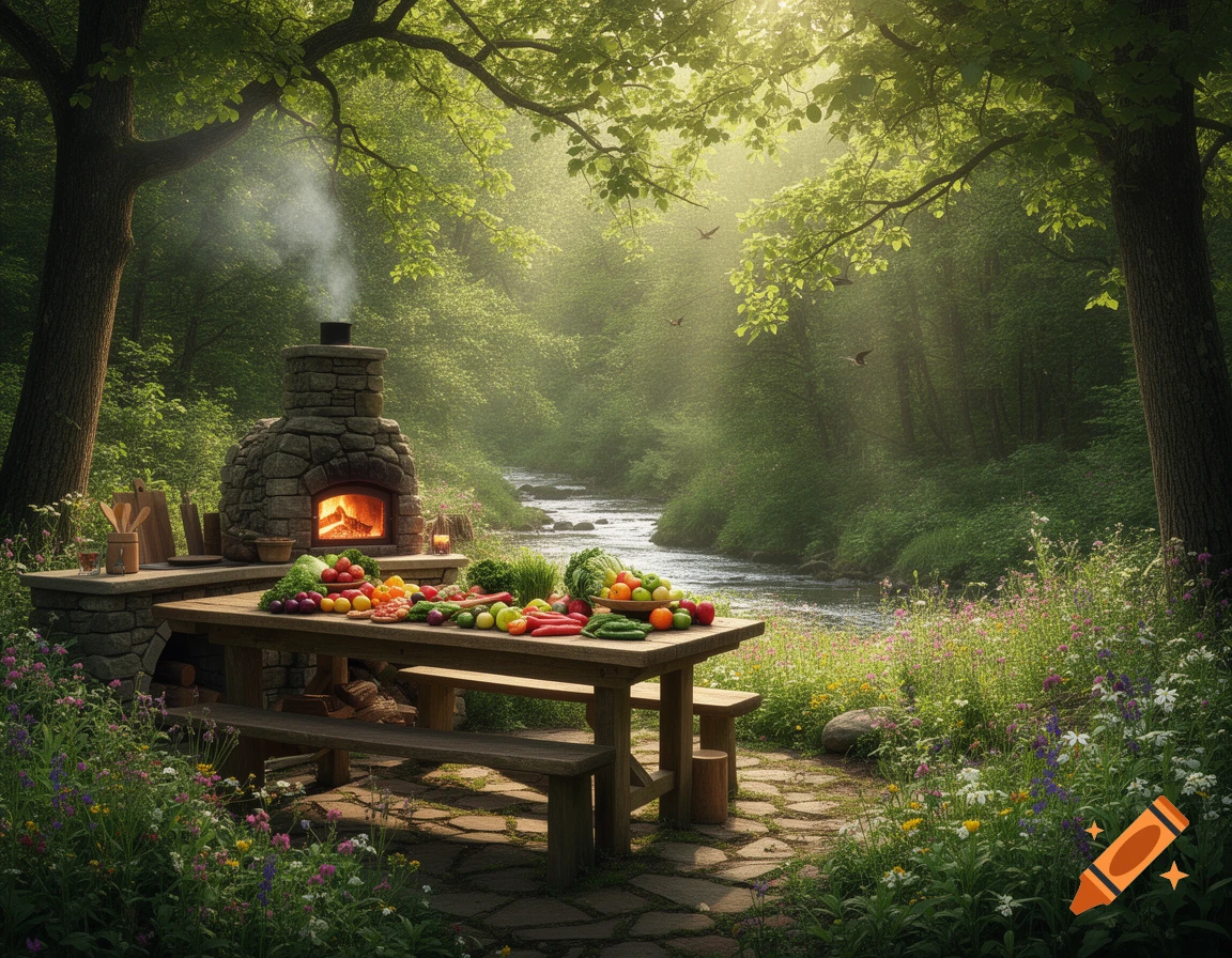An outdoor stone oven and a wooden table with fresh vegetables and fruits nestled in a sunlit forest by a flowing river.