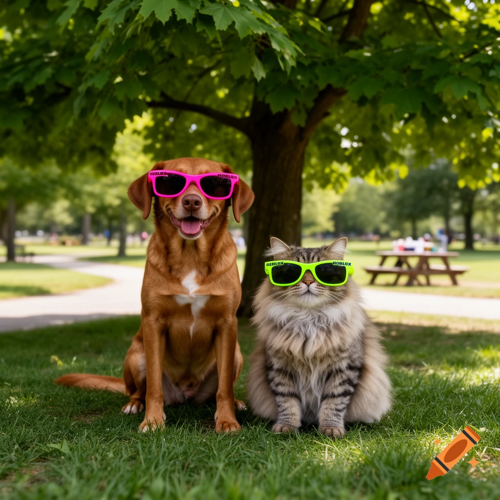 A dog and a cat wearing pink and green Roblox sunglasses, respectively, sit in a sunny park under a tree.