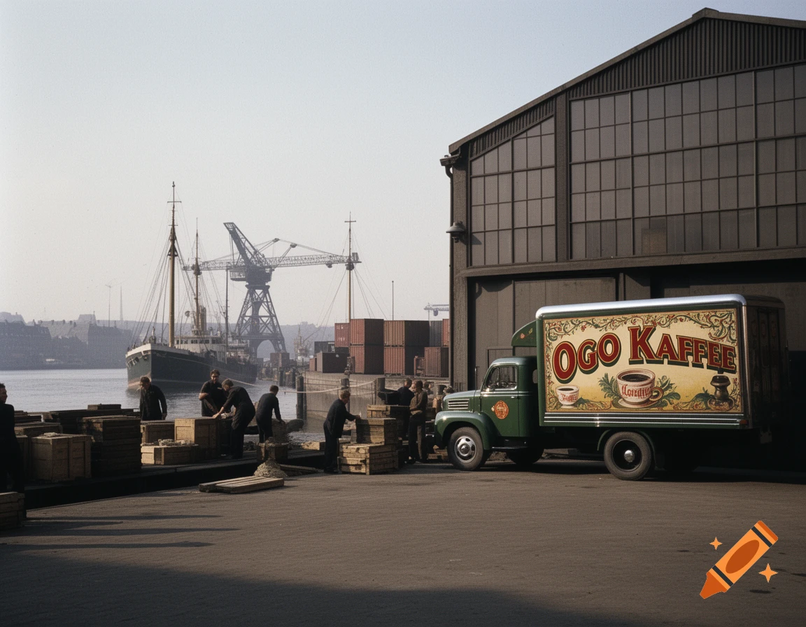 A vintage photo captures a bustling harbor scene with dockworkers, a large ship, a crane, and a green truck advertising Ogo Kaffee.