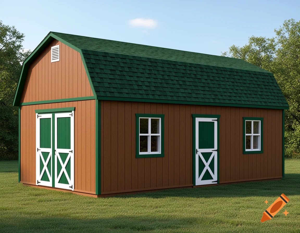 A brown barn-style shed with a dark green gambrel roof, white trim, and matching green doors and windows, sitting on green grass.
