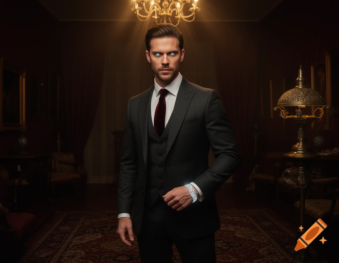 A photorealistic image of a man in a dark suit with glowing blue eyes and a glowing bracelet, standing in a dimly lit, luxurious room.