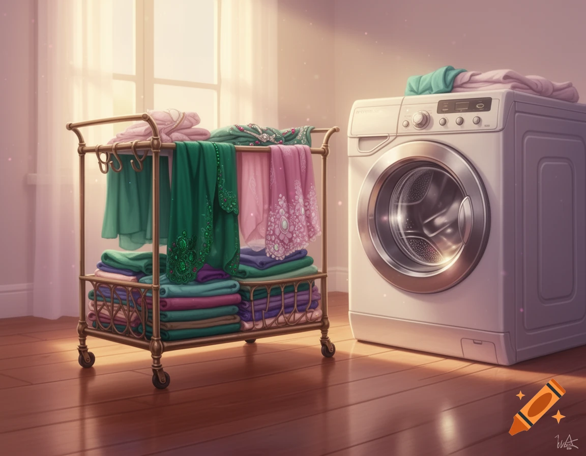 A beautifully lit stylized illustration of a laundry room with a washing machine and a cart full of folded and hanging clothes.