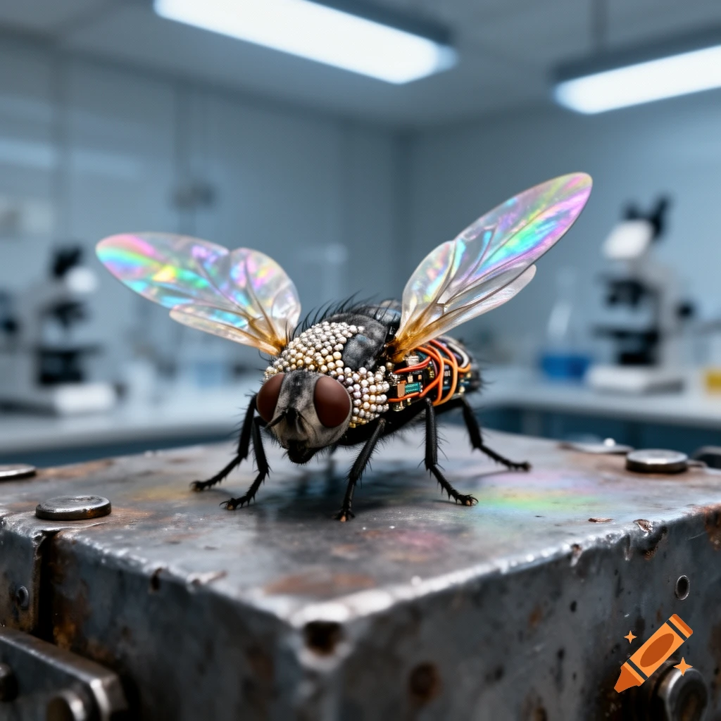 A photorealistic close-up of a robotic fly with iridescent wings and visible circuitry, sitting on a metal surface in a lab.
