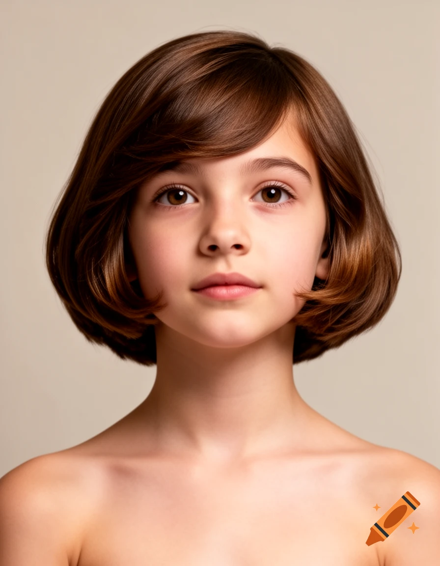 Close-up photorealistic portrait of a young girl with a brown bob haircut and bare shoulders against a neutral background.