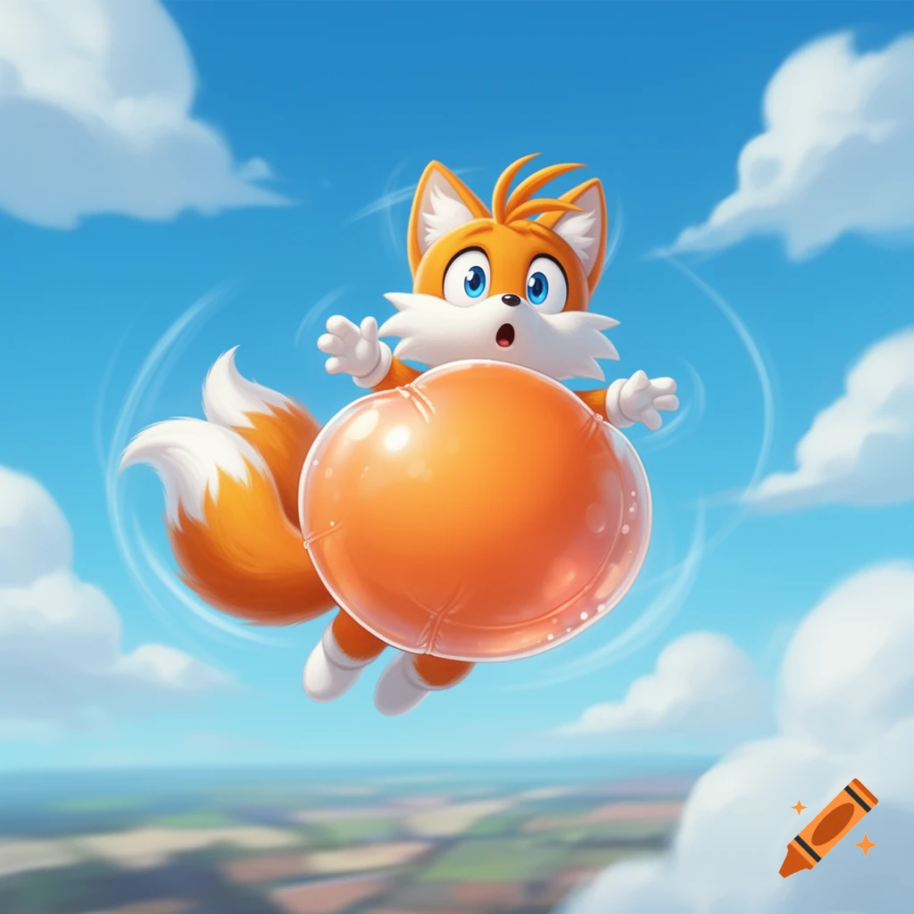 Miles 'Tails' Prower from Sonic, looking surprised while floating in a bright blue sky with his orange belly inflated like a balloon.