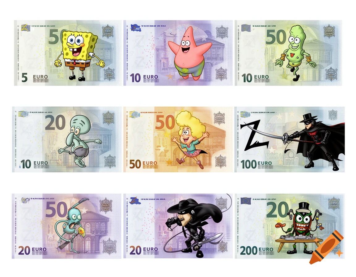 Nine cartoon banknotes feature Spongebob characters and Zorro. Denominations are 5, 10, 20, 50, 100, and 200 Euros.