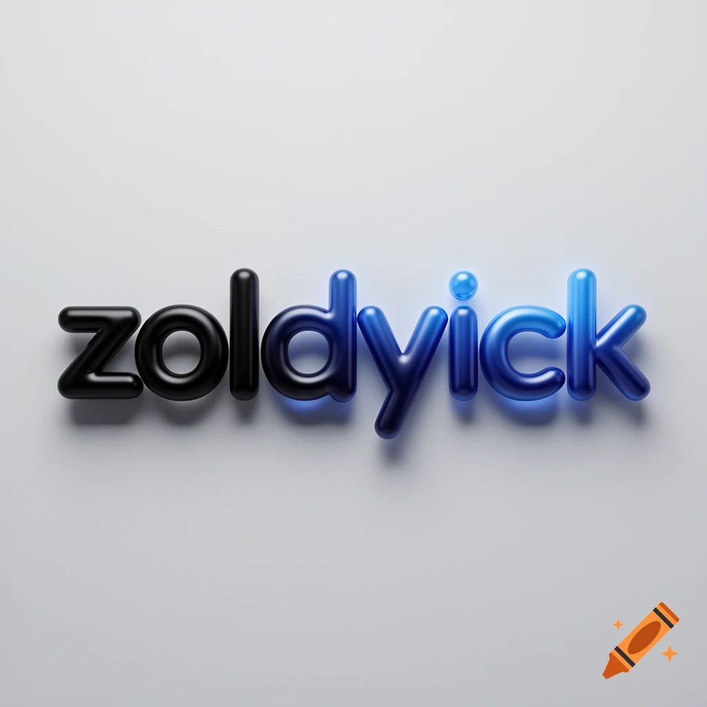 The word 'zoldyick' rendered in a shiny 3D bubble font, fading from black to blue on a light grey background.